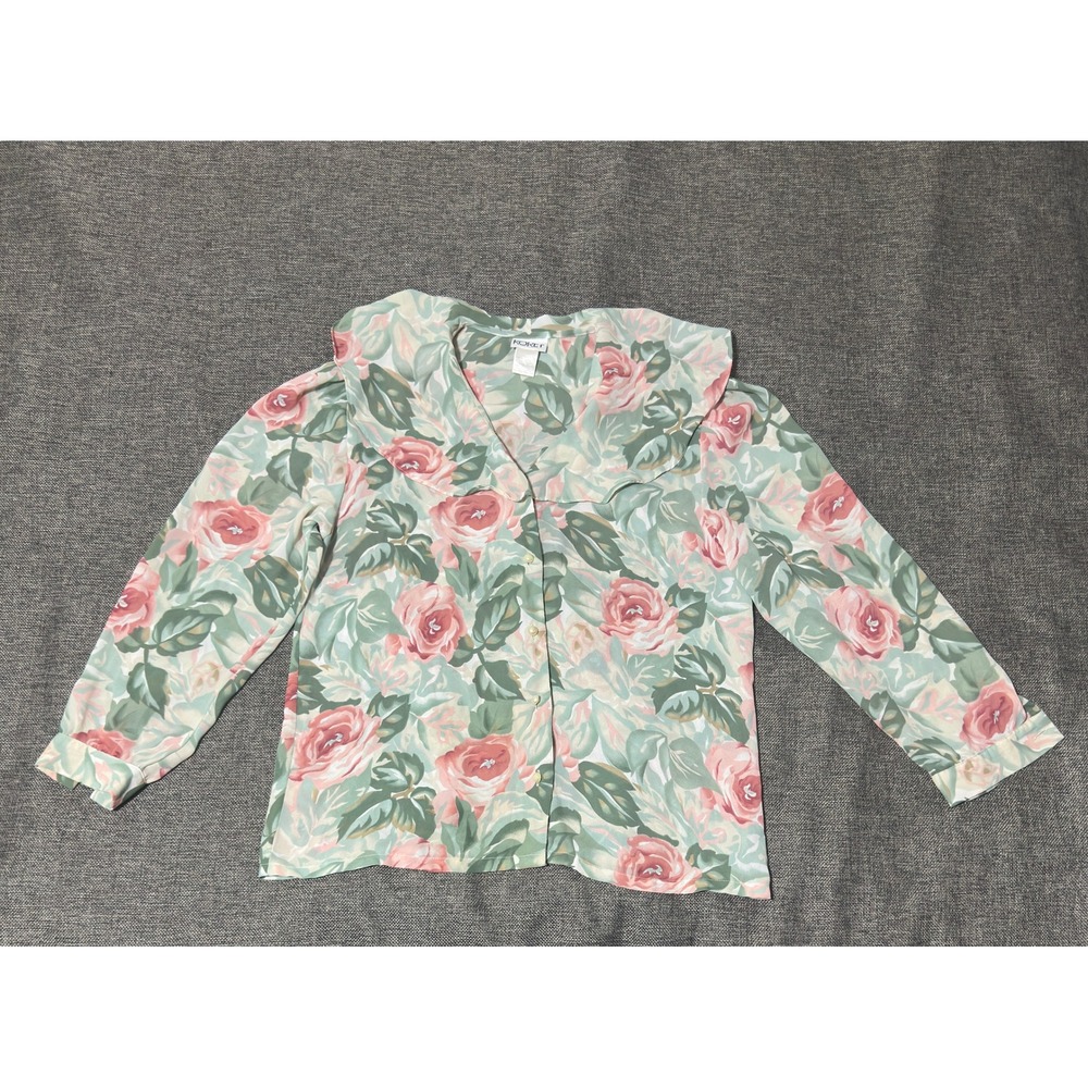 Vintage Koret Womens Size 10 Blouse Floral Rose Print Peter Pan Collar Button Up